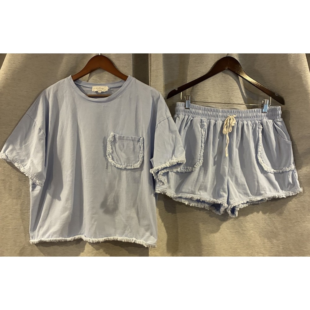 In February Classic Blue Short Set‎ Size Large Beach Preppy Raw Hem
